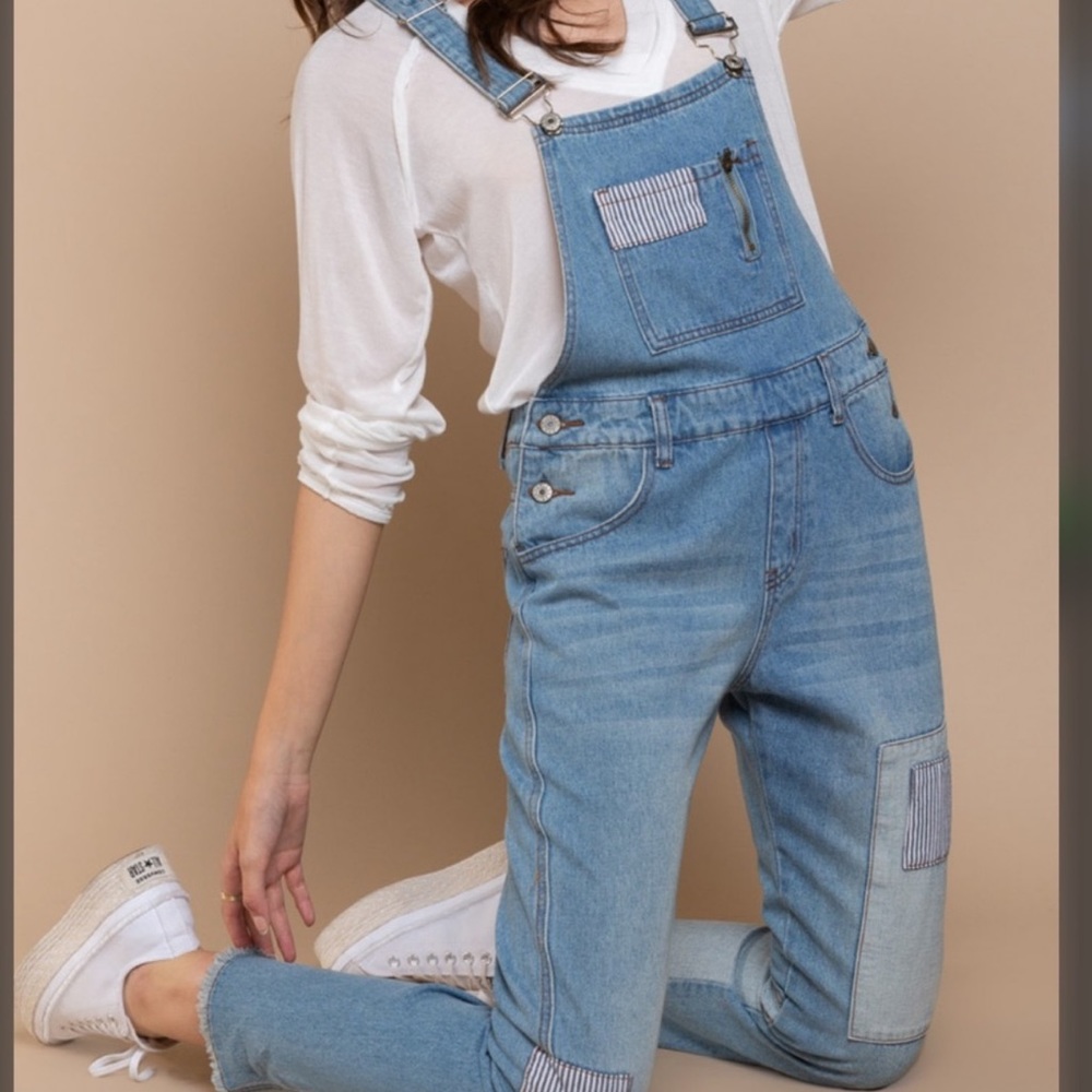 Pol Patchwork Denim Overalls Size Small - image 1